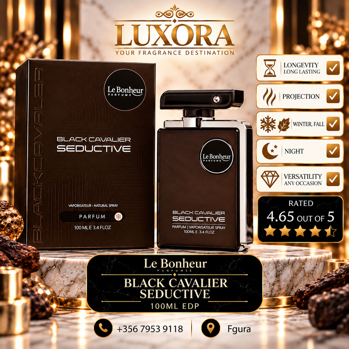 Le Bonheur Perfume Black Cavalier Seductive 100ml Unisex Eau De Parfum Luxora