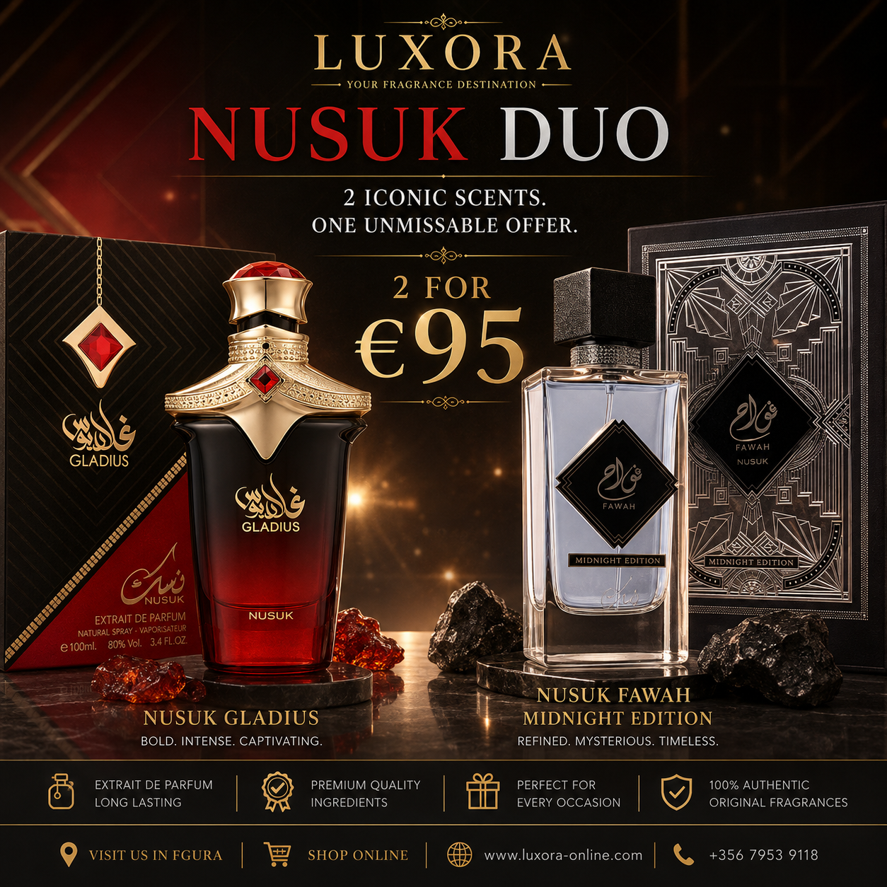 Nusuk Gladius & Fawah Midnight Edition | 2 Fragrances for €95 Luxora